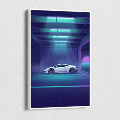 Lamborghini Huracan Inspired White Purple Canvas Wall Art, Neon Vaporwave Supercar Artwork for Futuristic Garage Decor
