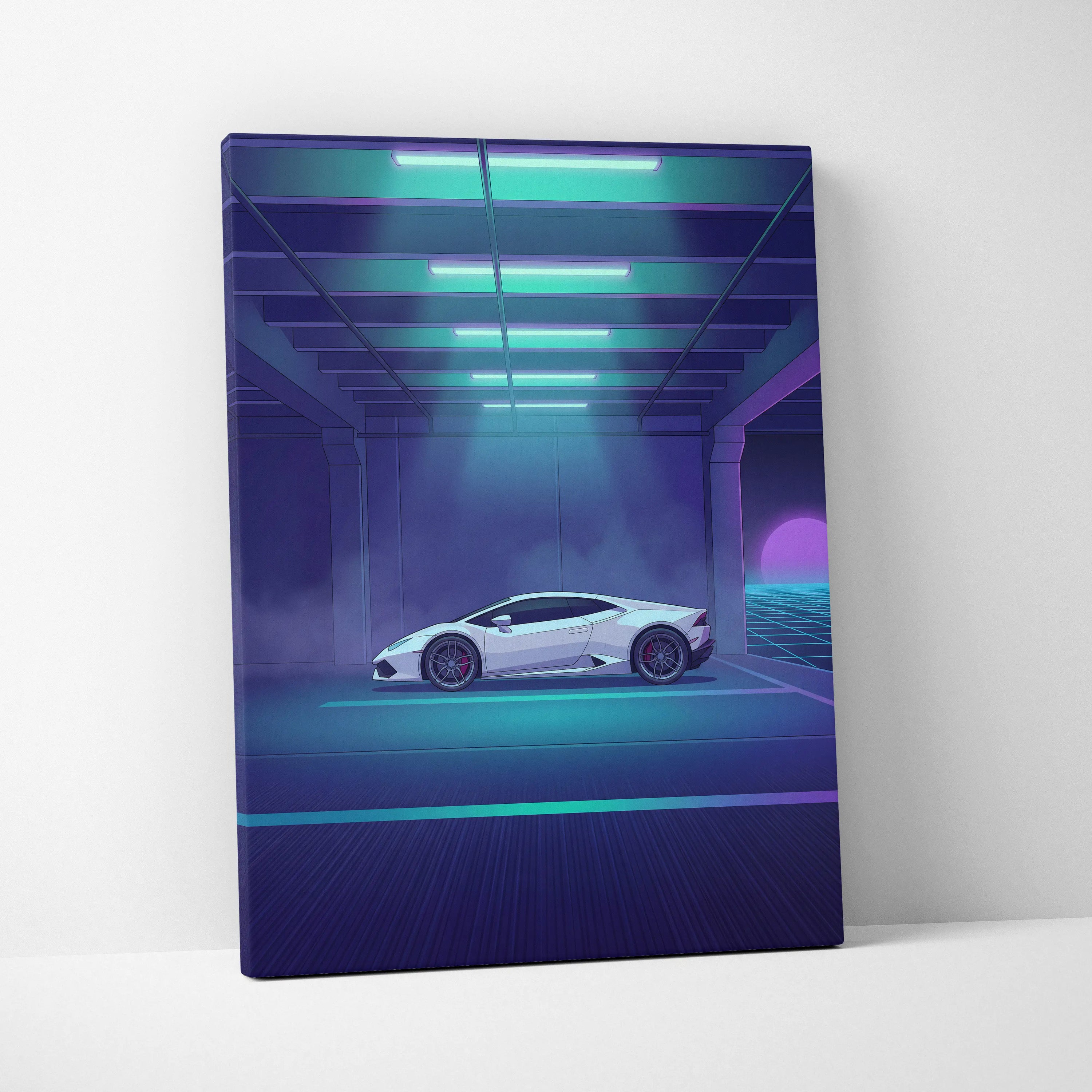 Lamborghini Huracan Inspired White Purple Canvas Wall Art, Neon Vaporwave Supercar Artwork for Futuristic Garage Decor