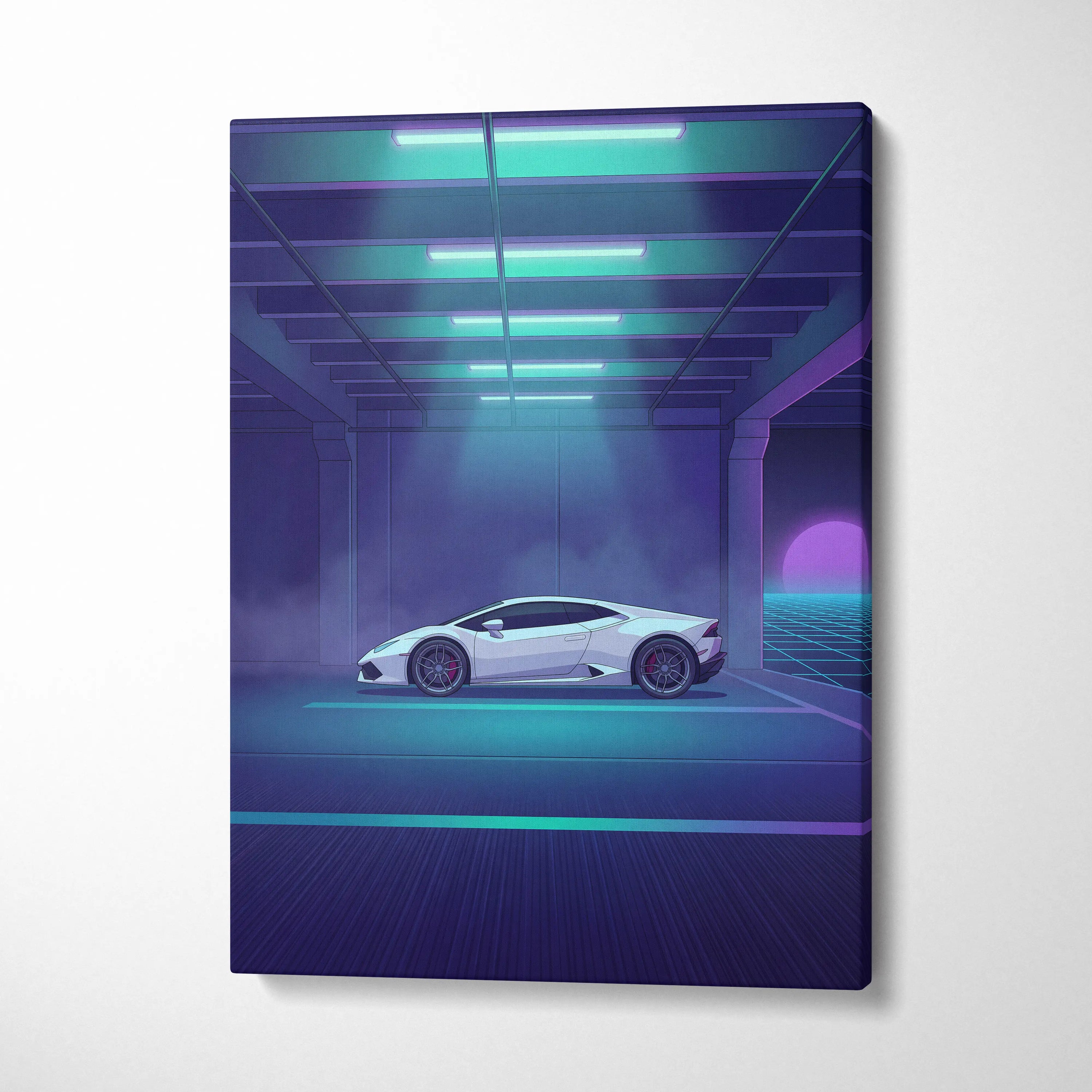 Lamborghini Huracan Inspired White Purple Canvas Wall Art, Neon Vaporwave Supercar Artwork for Futuristic Garage Decor