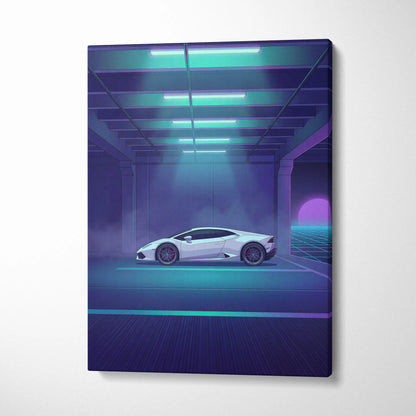 Lamborghini Huracan Inspired White Purple Canvas Wall Art, Neon Vaporwave Supercar Artwork for Futuristic Garage Decor