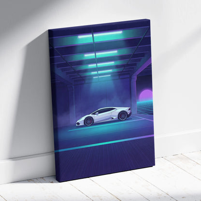 Lamborghini Huracan Inspired White Purple Canvas Wall Art, Neon Vaporwave Supercar Artwork for Futuristic Garage Decor