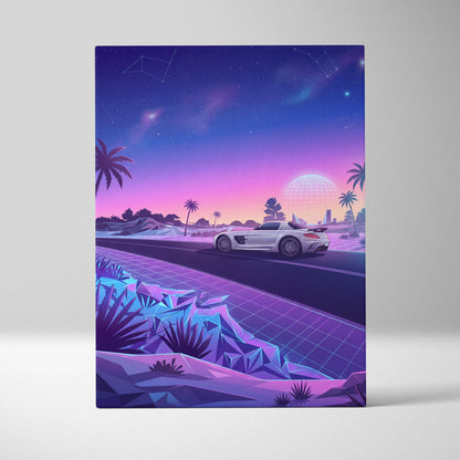 Mercedes SLS AMG Inspired White Purple Canvas Wall Art, Sunset Vaporwave Supercar Artwork for Futuristic Desert Garage Decor