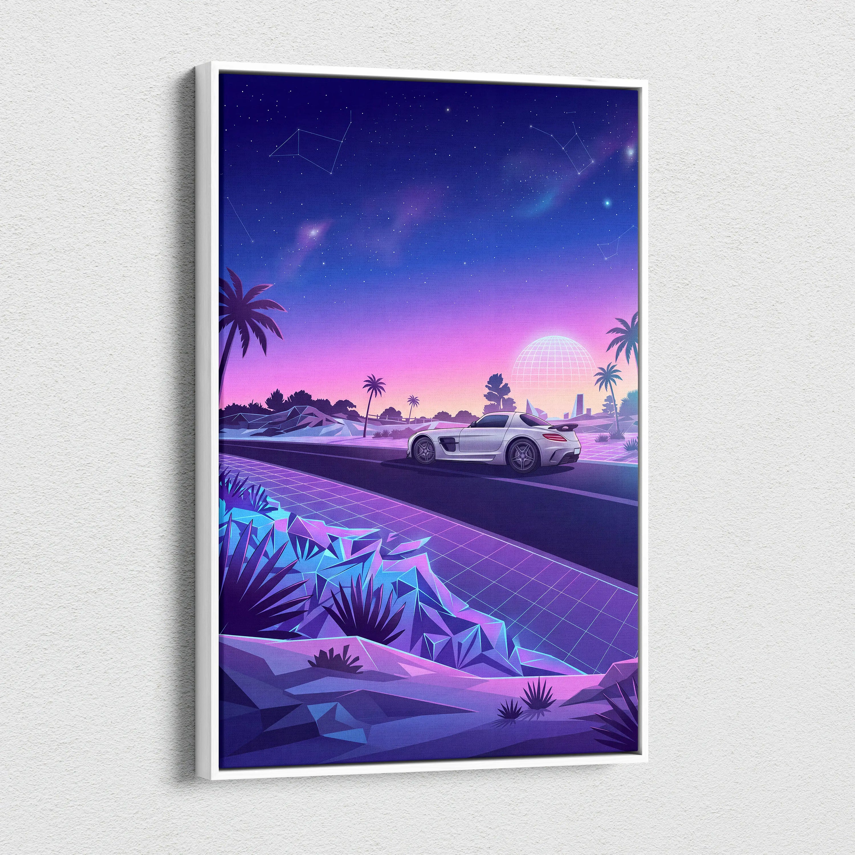 Mercedes SLS AMG Inspired White Purple Canvas Wall Art, Sunset Vaporwave Supercar Artwork for Futuristic Desert Garage Decor