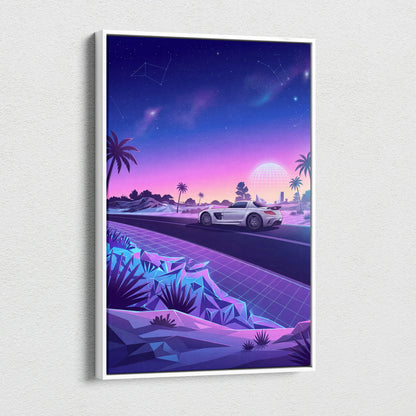Mercedes SLS AMG Inspired White Purple Canvas Wall Art, Sunset Vaporwave Supercar Artwork for Futuristic Desert Garage Decor