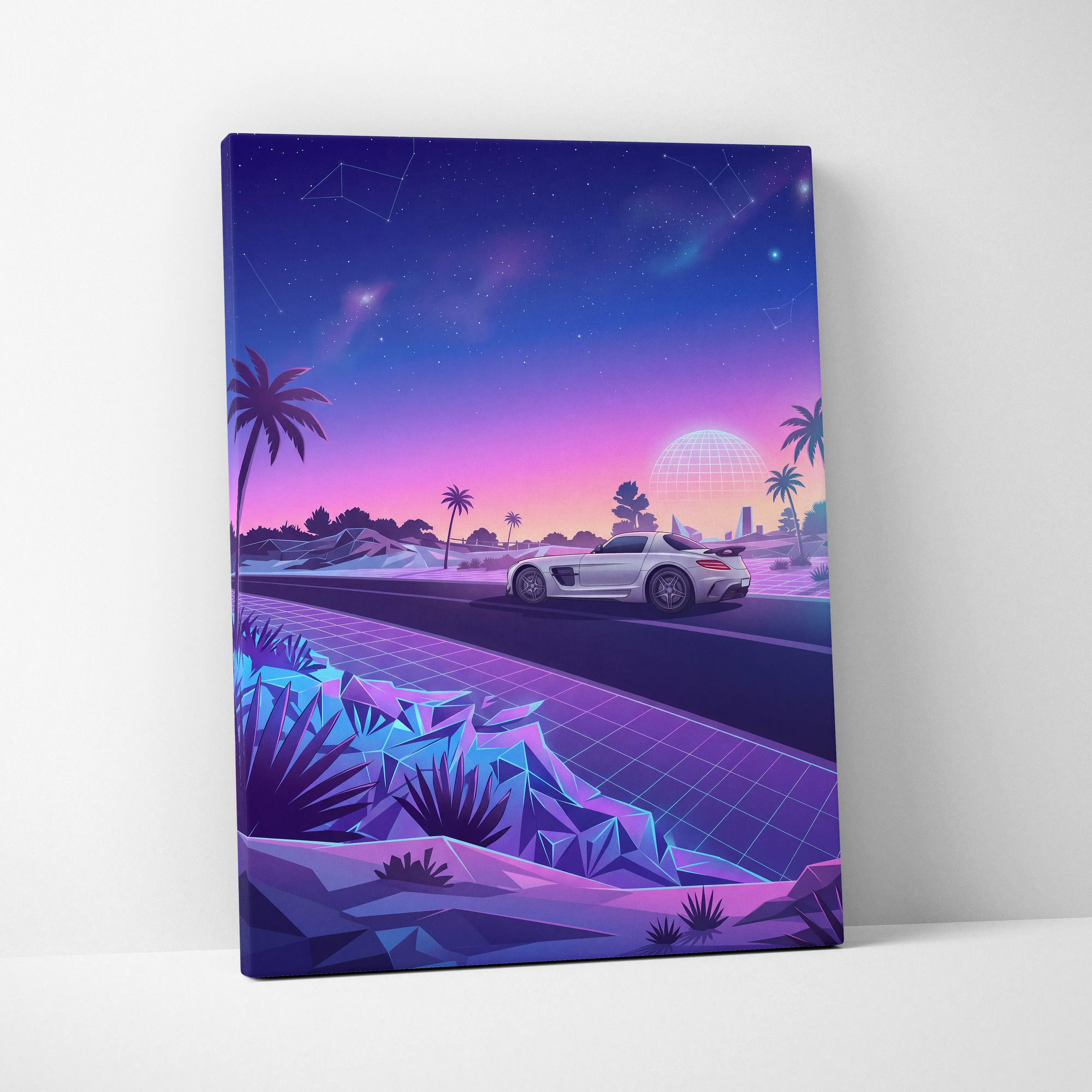 Mercedes SLS AMG Inspired White Purple Canvas Wall Art, Sunset Vaporwave Supercar Artwork for Futuristic Desert Garage Decor