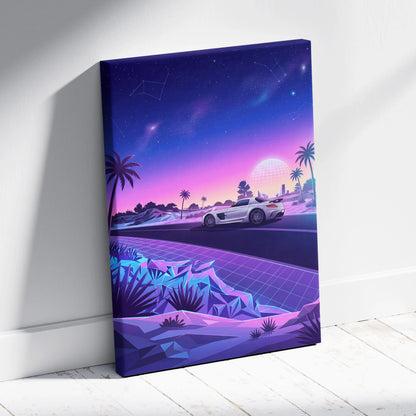 Mercedes SLS AMG Inspired White Purple Canvas Wall Art, Sunset Vaporwave Supercar Artwork for Futuristic Desert Garage Decor