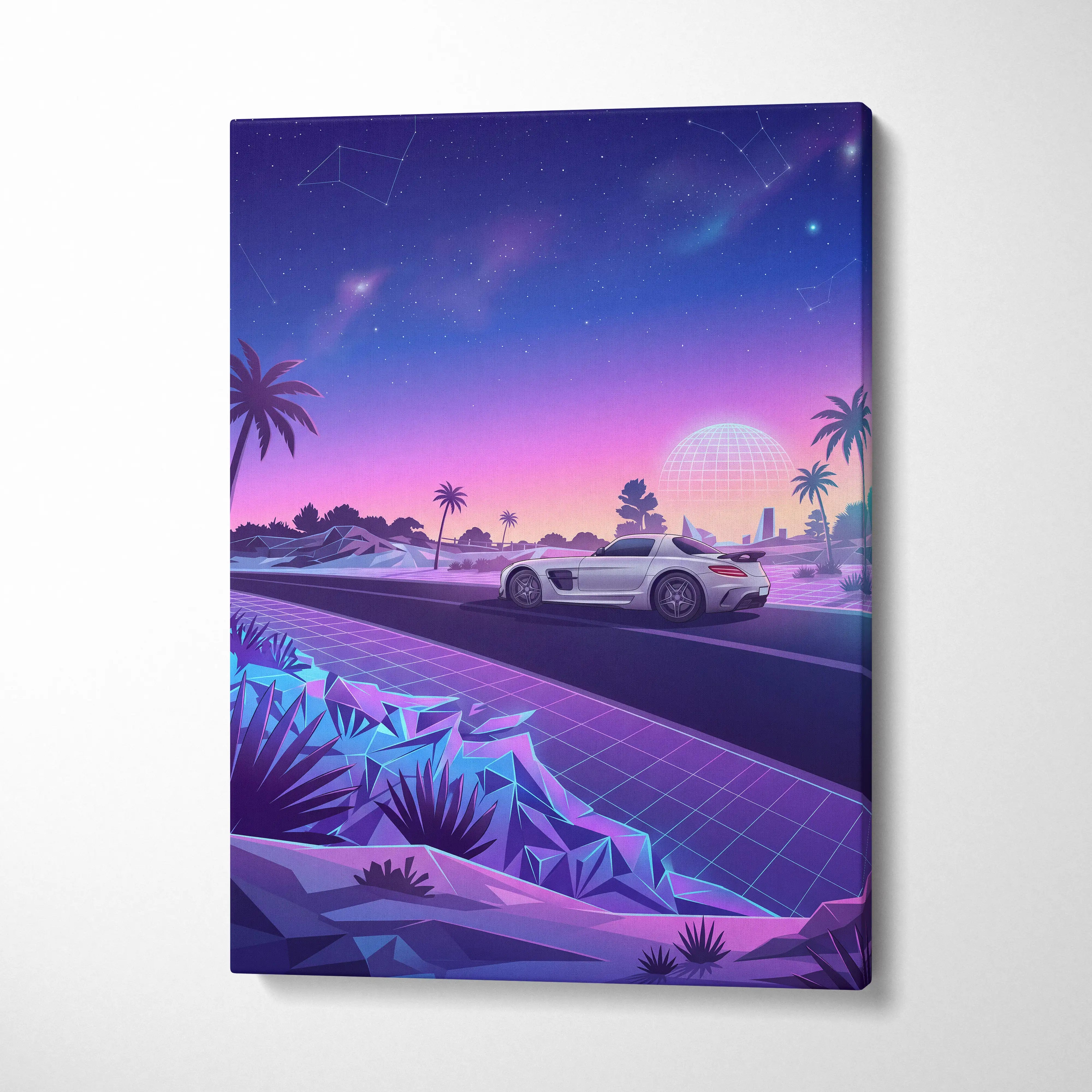 Mercedes SLS AMG Inspired White Purple Canvas Wall Art, Sunset Vaporwave Supercar Artwork for Futuristic Desert Garage Decor