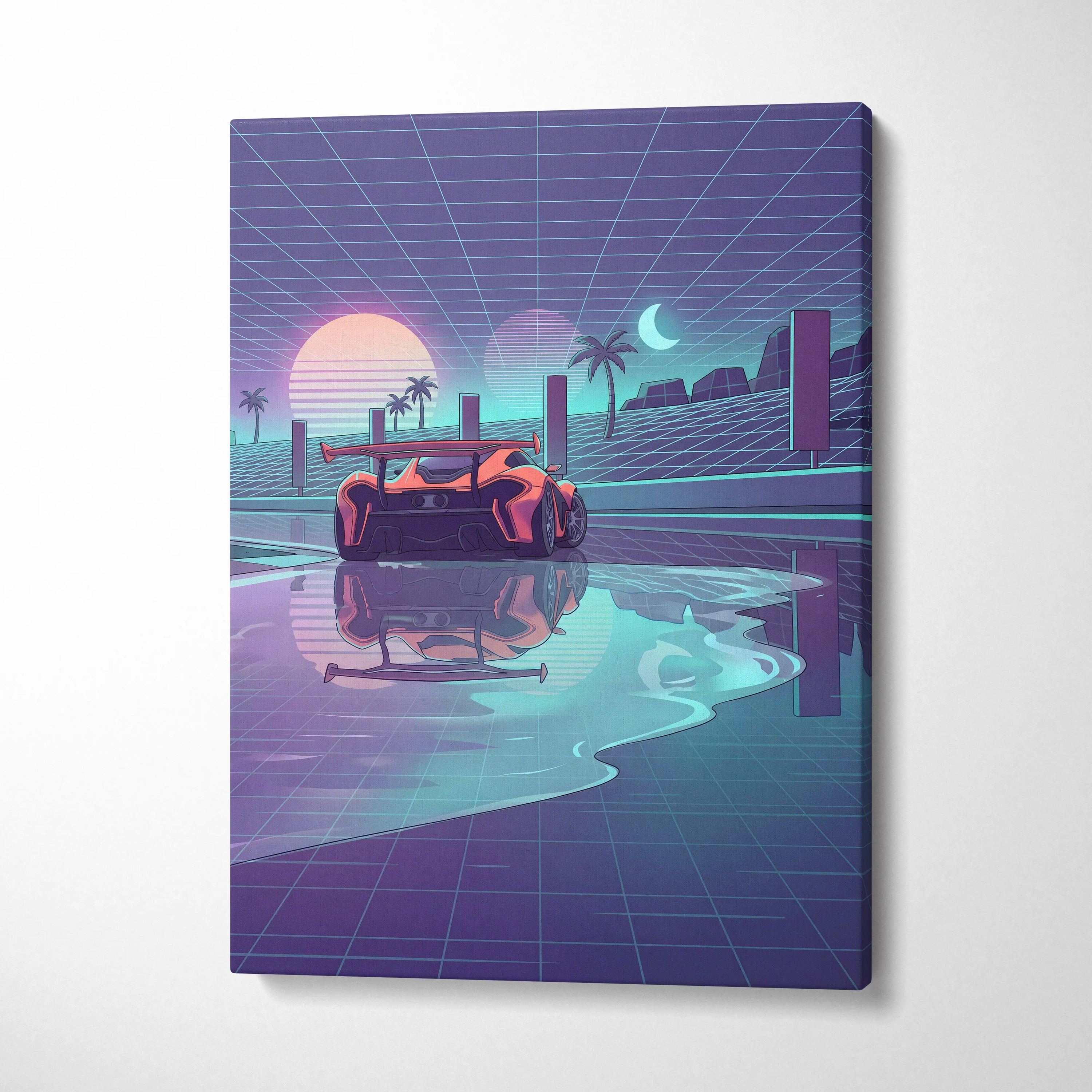 McLaren P1 Inspired Orange Purple Canvas Wall Art, Retro Vaporwave Hypercar Artwork for Futuristic Garage Decor
