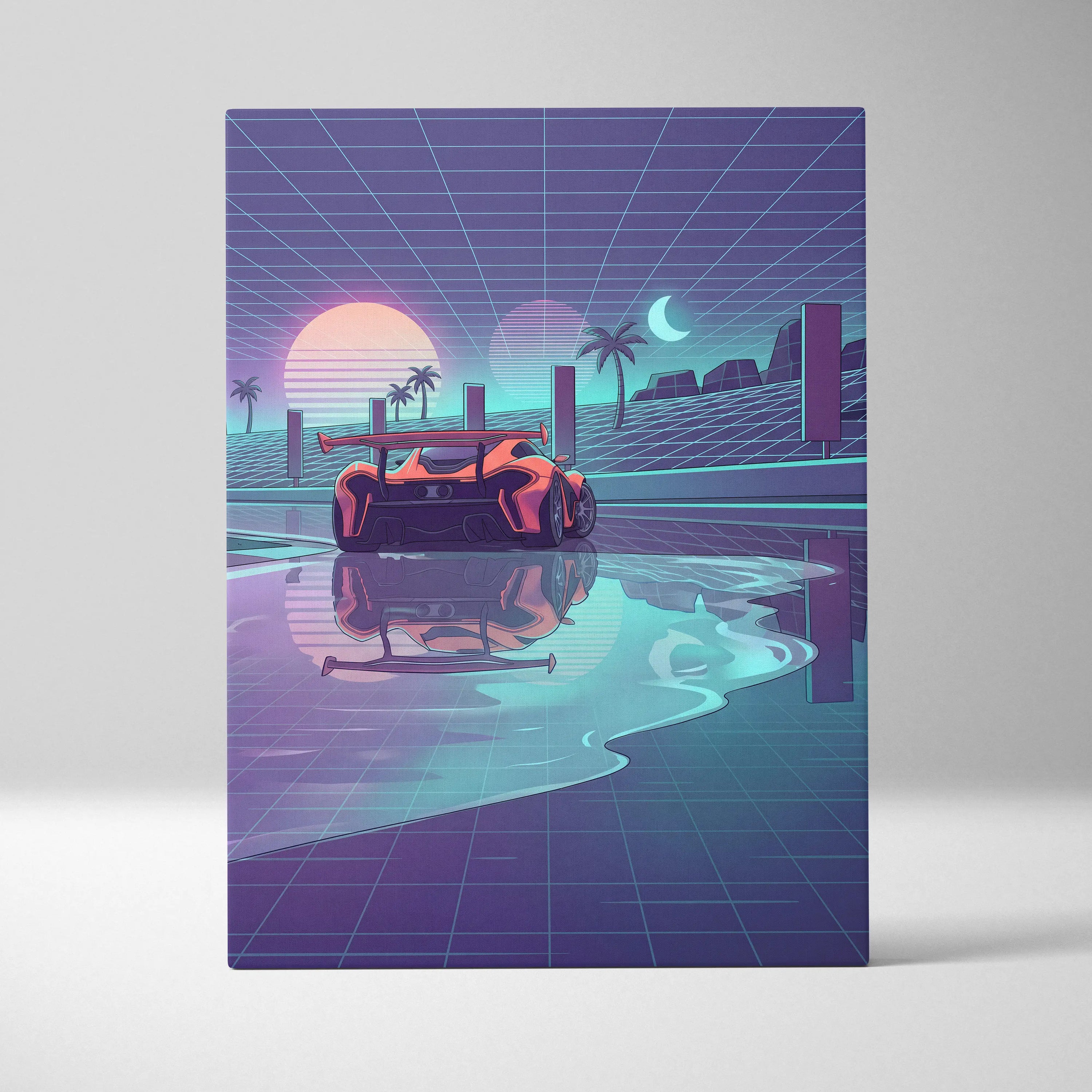 McLaren P1 Inspired Orange Purple Canvas Wall Art, Retro Vaporwave Hypercar Artwork for Futuristic Garage Decor