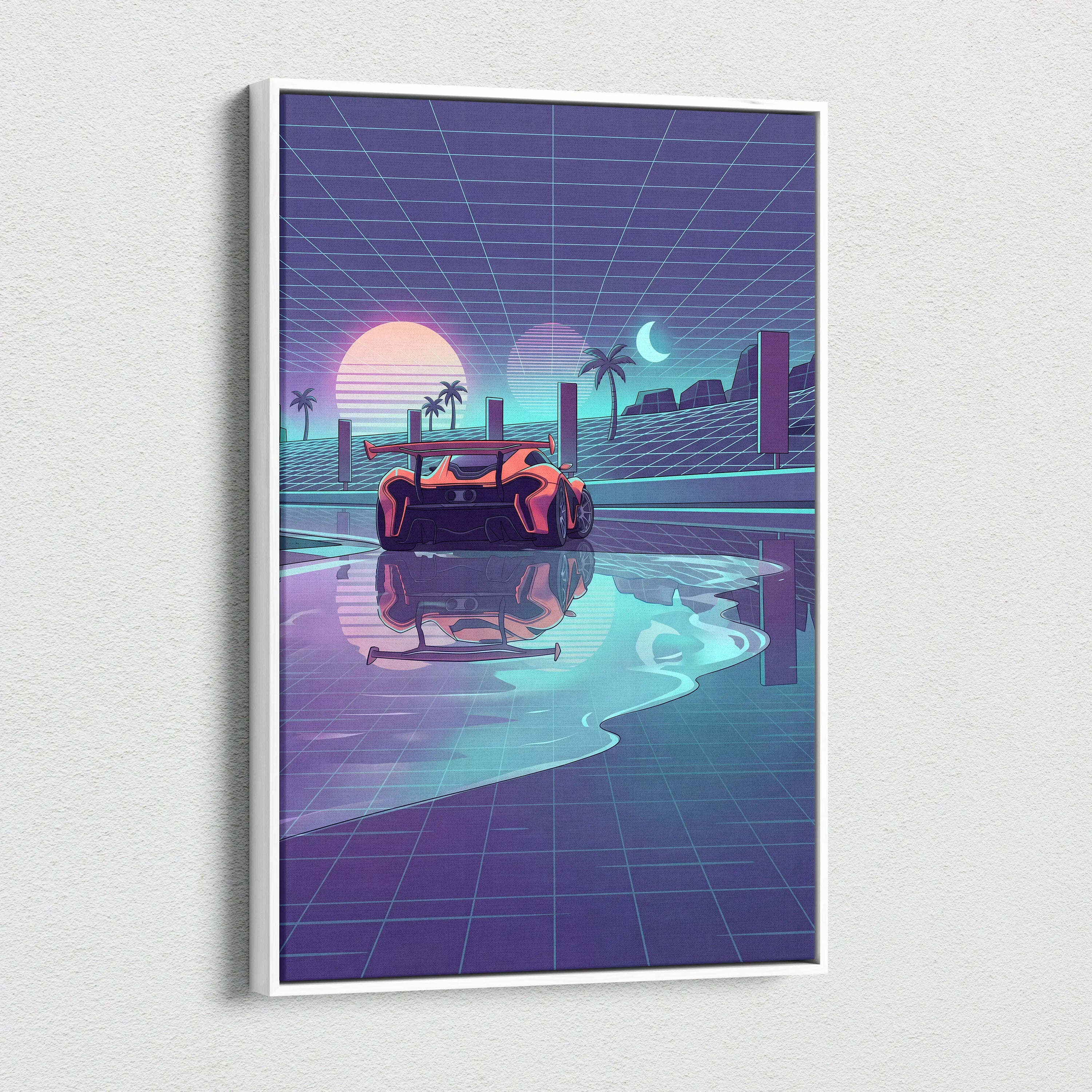 McLaren P1 Inspired Orange Purple Canvas Wall Art, Retro Vaporwave Hypercar Artwork for Futuristic Garage Decor