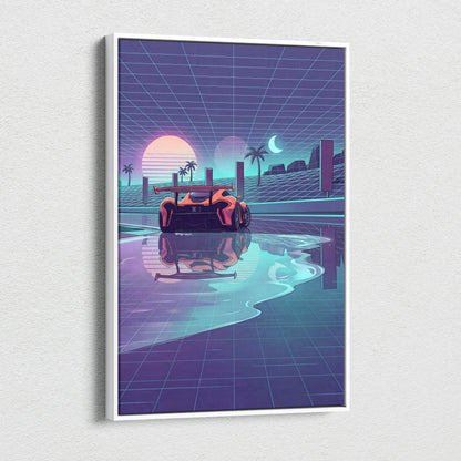 McLaren P1 Inspired Orange Purple Canvas Wall Art, Retro Vaporwave Hypercar Artwork for Futuristic Garage Decor