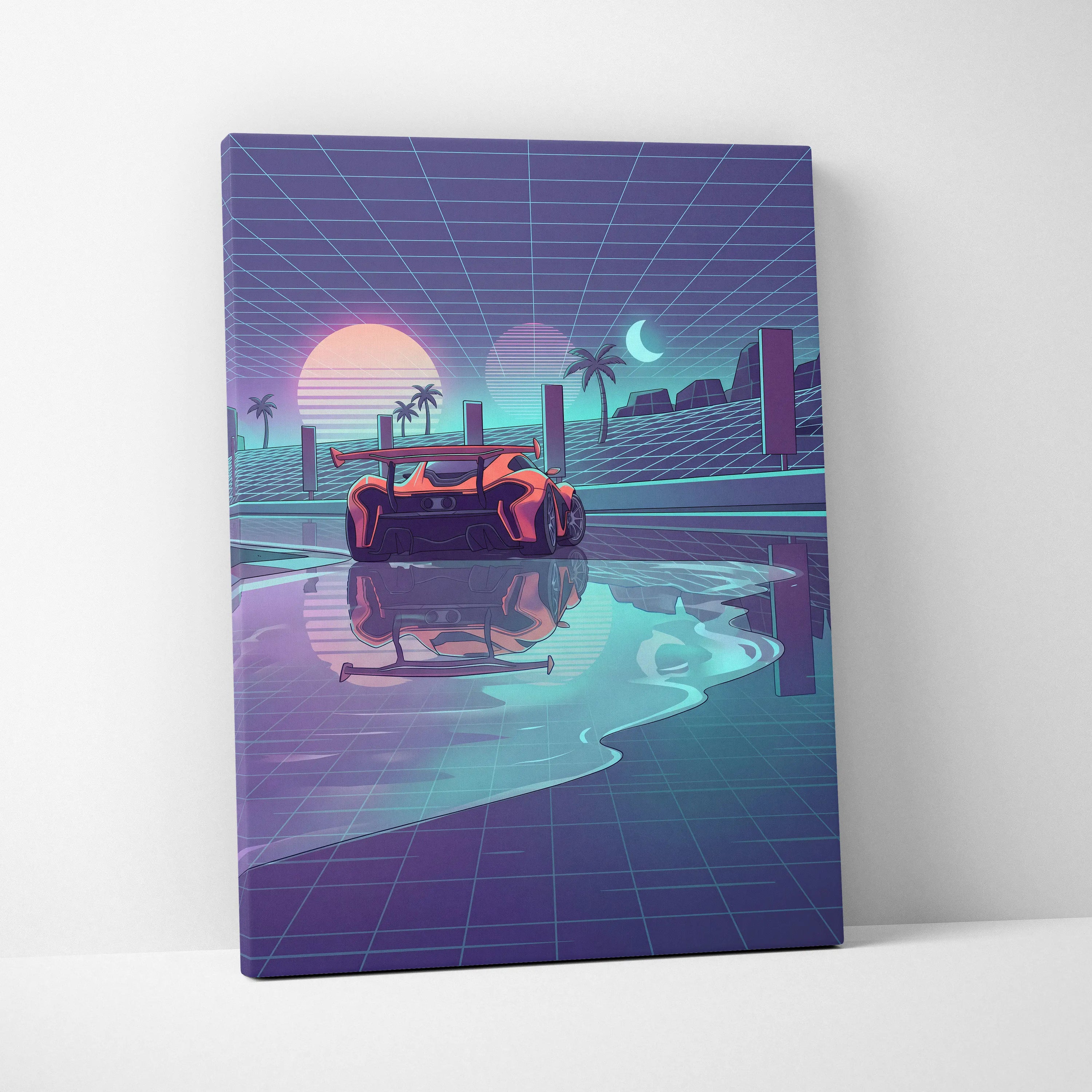 McLaren P1 Inspired Orange Purple Canvas Wall Art, Retro Vaporwave Hypercar Artwork for Futuristic Garage Decor