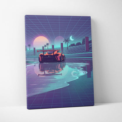 McLaren P1 Inspired Orange Purple Canvas Wall Art, Retro Vaporwave Hypercar Artwork for Futuristic Garage Decor