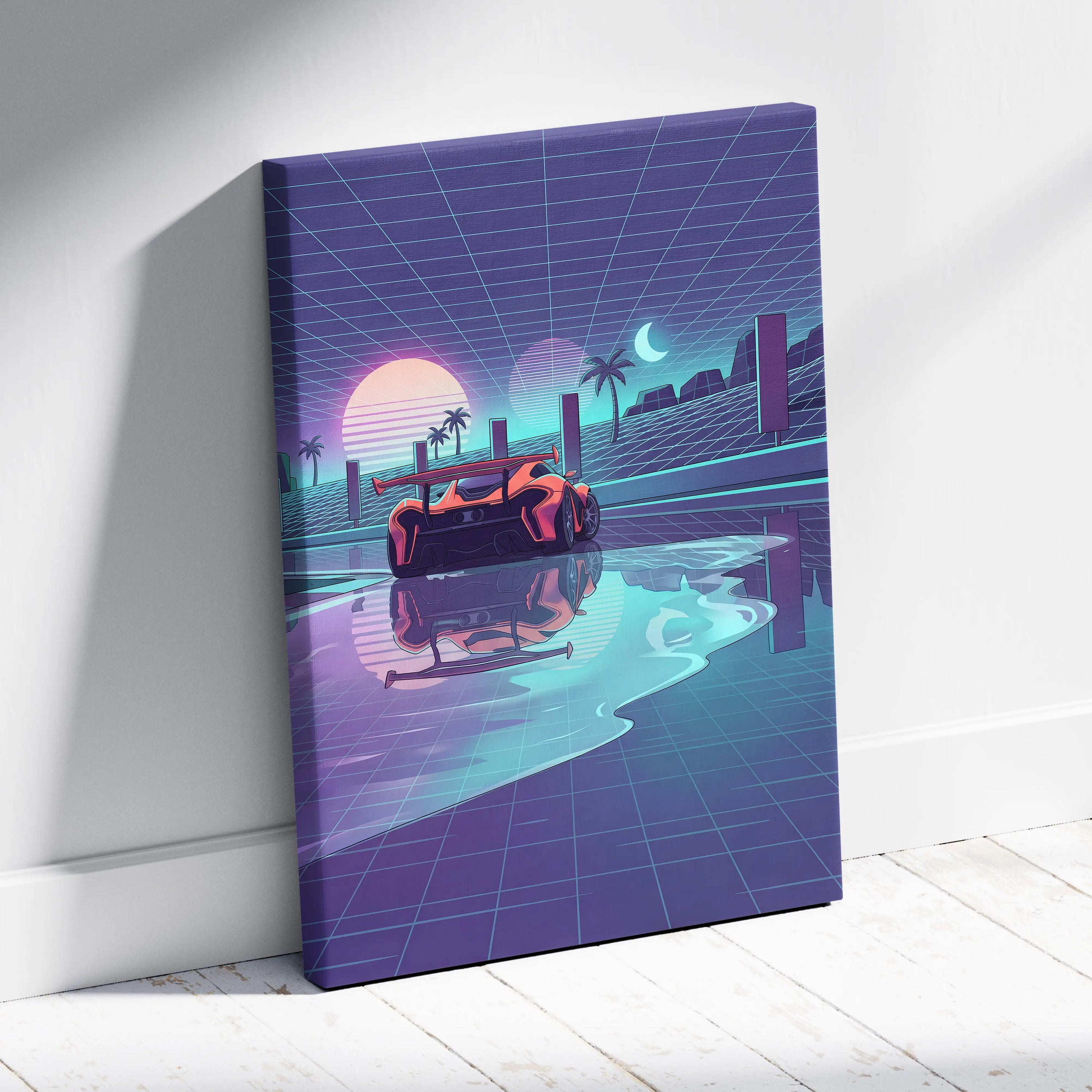McLaren P1 Inspired Orange Purple Canvas Wall Art, Retro Vaporwave Hypercar Artwork for Futuristic Garage Decor