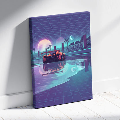 McLaren P1 Inspired Orange Purple Canvas Wall Art, Retro Vaporwave Hypercar Artwork for Futuristic Garage Decor
