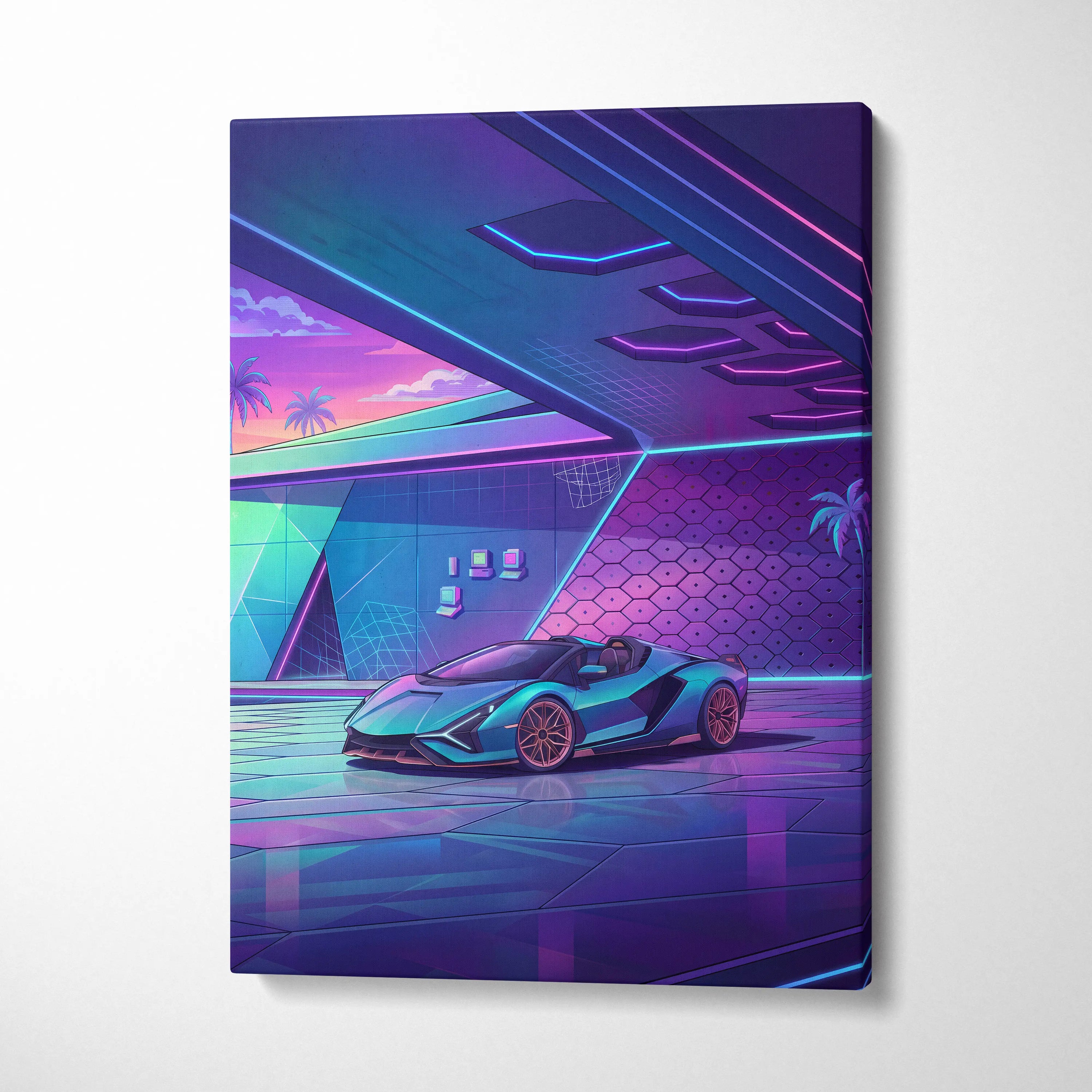Lamborghini Sian Roadster Inspired Teal Purple Canvas Wall Art, Neon Vaporwave Hypercar Artwork for Futuristic Garage Decor