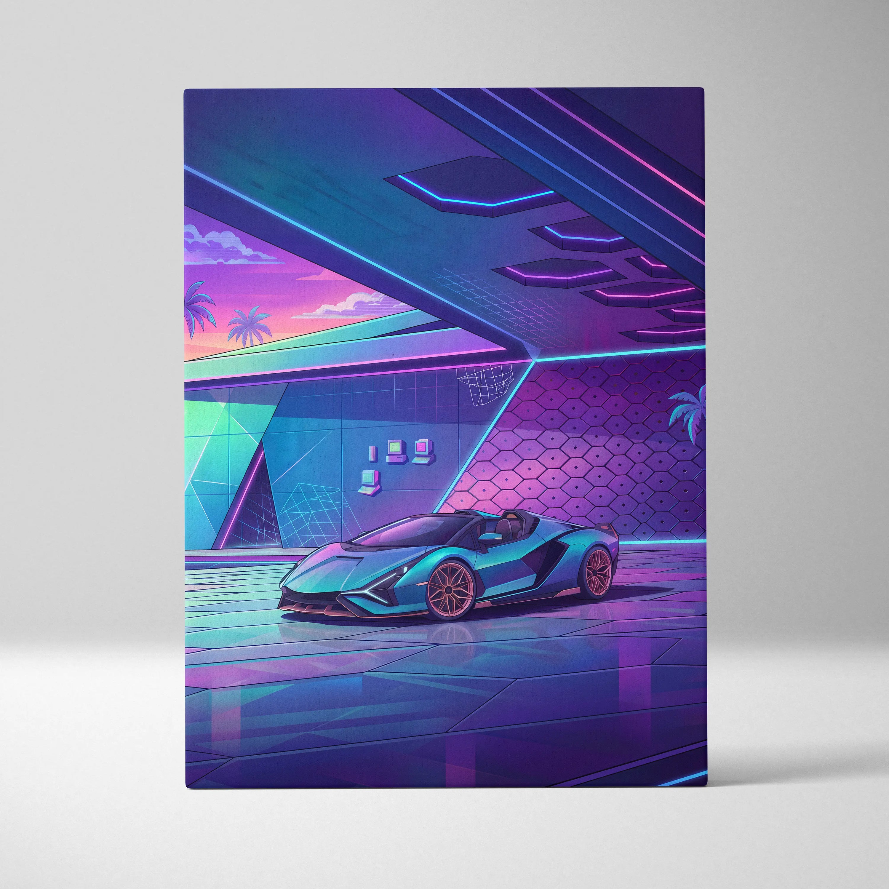 Lamborghini Sian Roadster Inspired Teal Purple Canvas Wall Art, Neon Vaporwave Hypercar Artwork for Futuristic Garage Decor