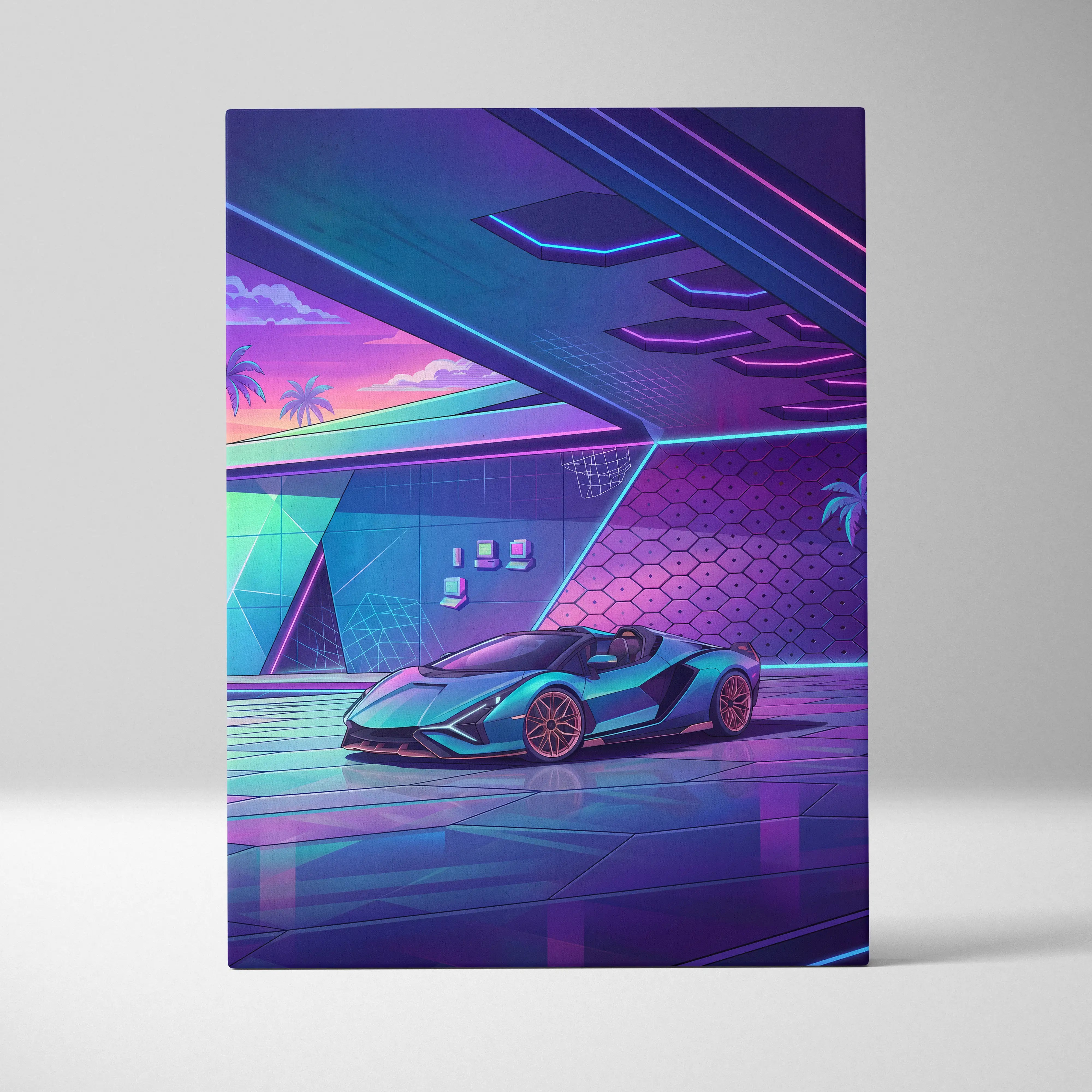Lamborghini Sian Roadster Inspired Teal Purple Canvas Wall Art, Neon Vaporwave Hypercar Artwork for Futuristic Garage Decor