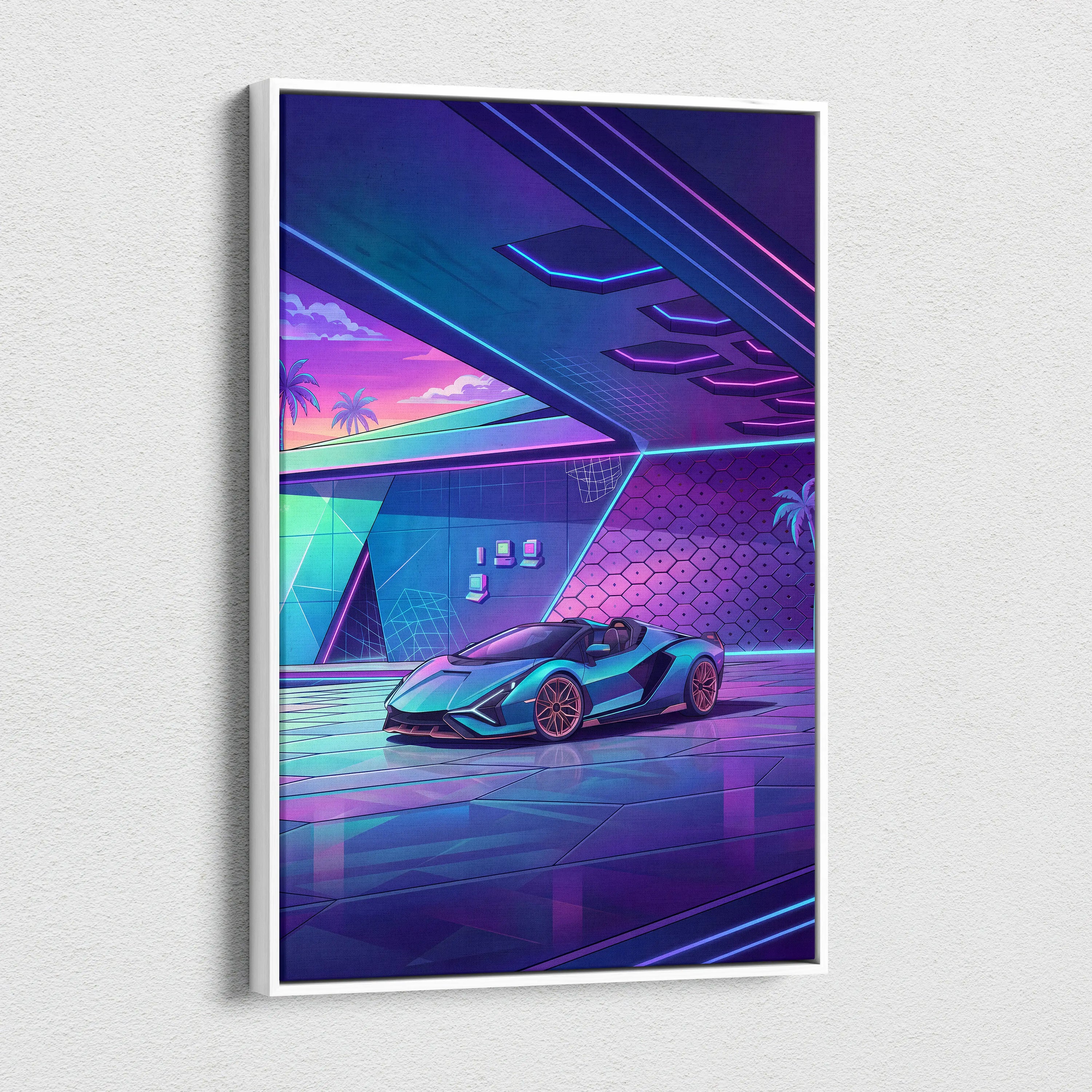 Lamborghini Sian Roadster Inspired Teal Purple Canvas Wall Art, Neon Vaporwave Hypercar Artwork for Futuristic Garage Decor