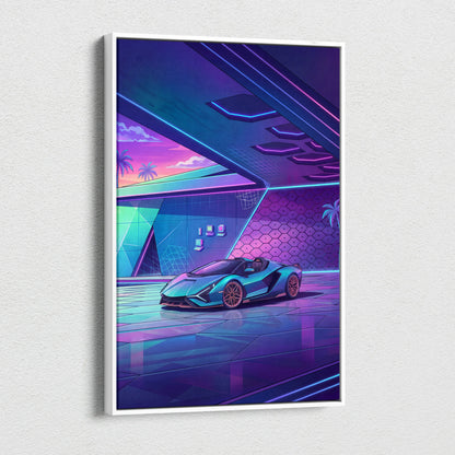 Lamborghini Sian Roadster Inspired Teal Purple Canvas Wall Art, Neon Vaporwave Hypercar Artwork for Futuristic Garage Decor