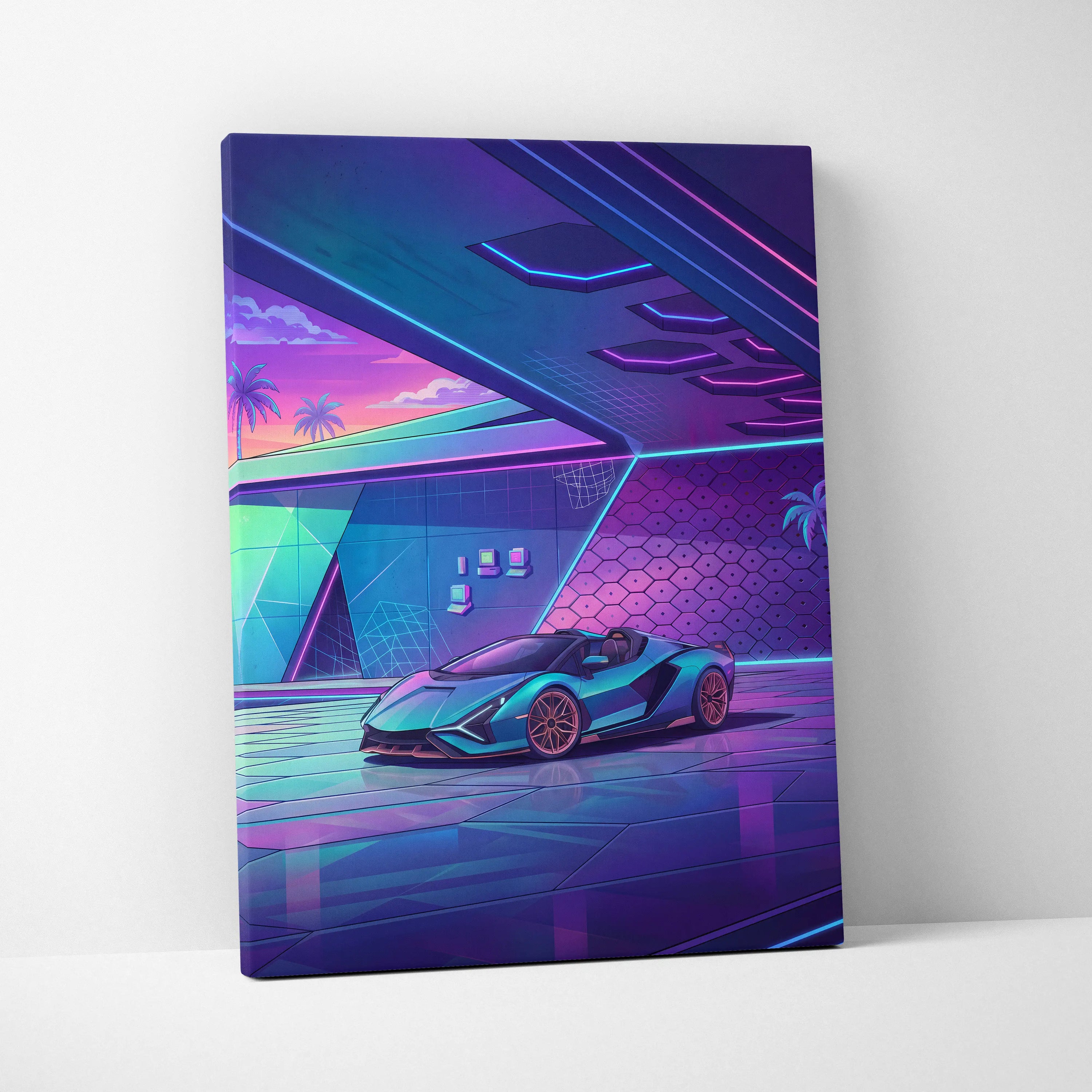 Lamborghini Sian Roadster Inspired Teal Purple Canvas Wall Art, Neon Vaporwave Hypercar Artwork for Futuristic Garage Decor