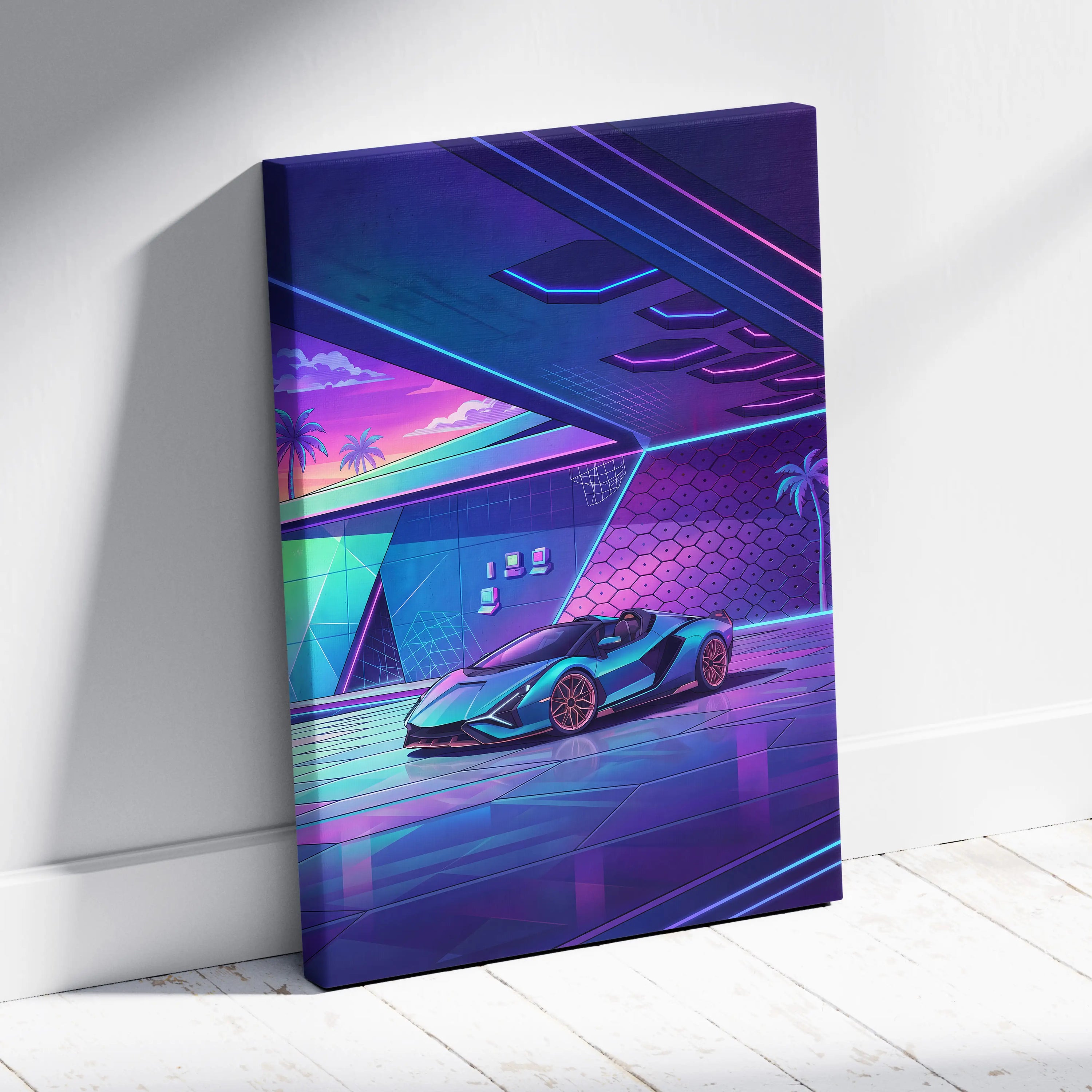 Lamborghini Sian Roadster Inspired Teal Purple Canvas Wall Art, Neon Vaporwave Hypercar Artwork for Futuristic Garage Decor