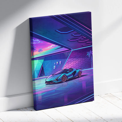 Lamborghini Sian Roadster Inspired Teal Purple Canvas Wall Art, Neon Vaporwave Hypercar Artwork for Futuristic Garage Decor