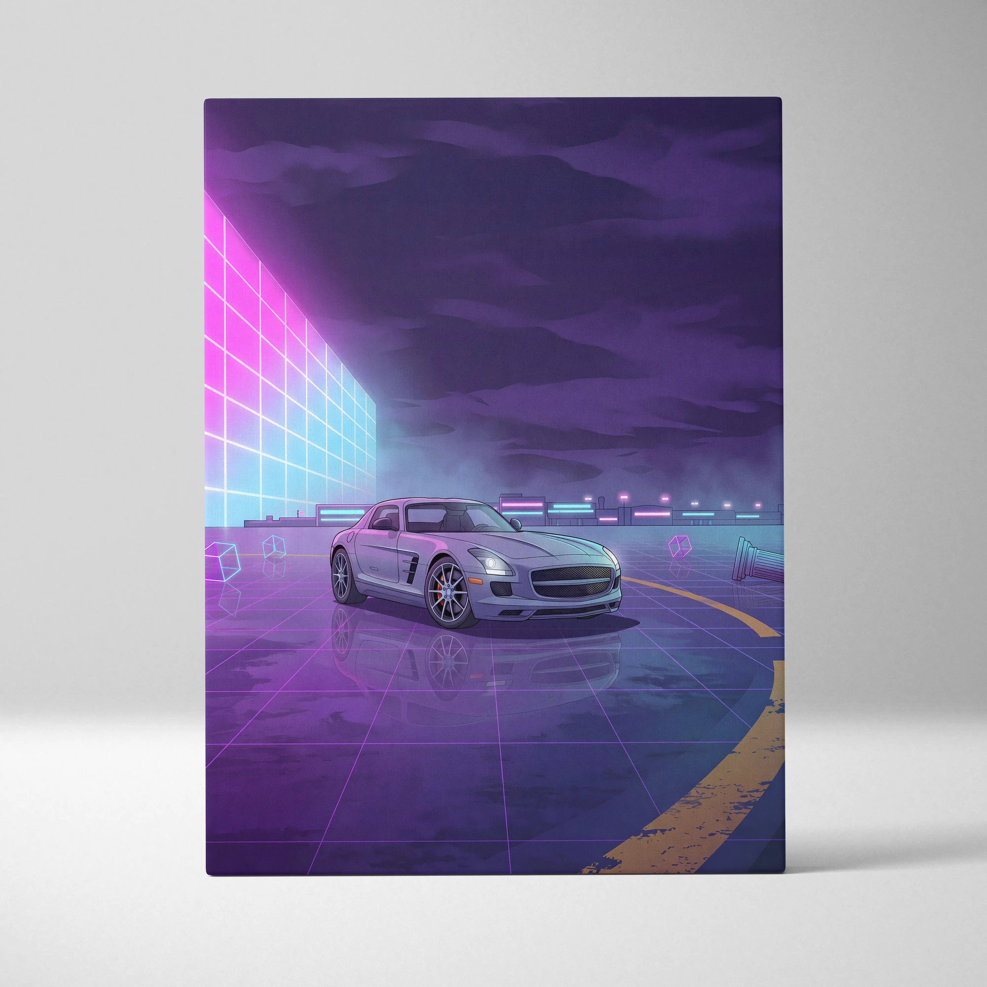 Mercedes SLS AMG Inspired Silver Purple Canvas Wall Art, Neon Vaporwave Supercar Artwork for Modern Garage Decor