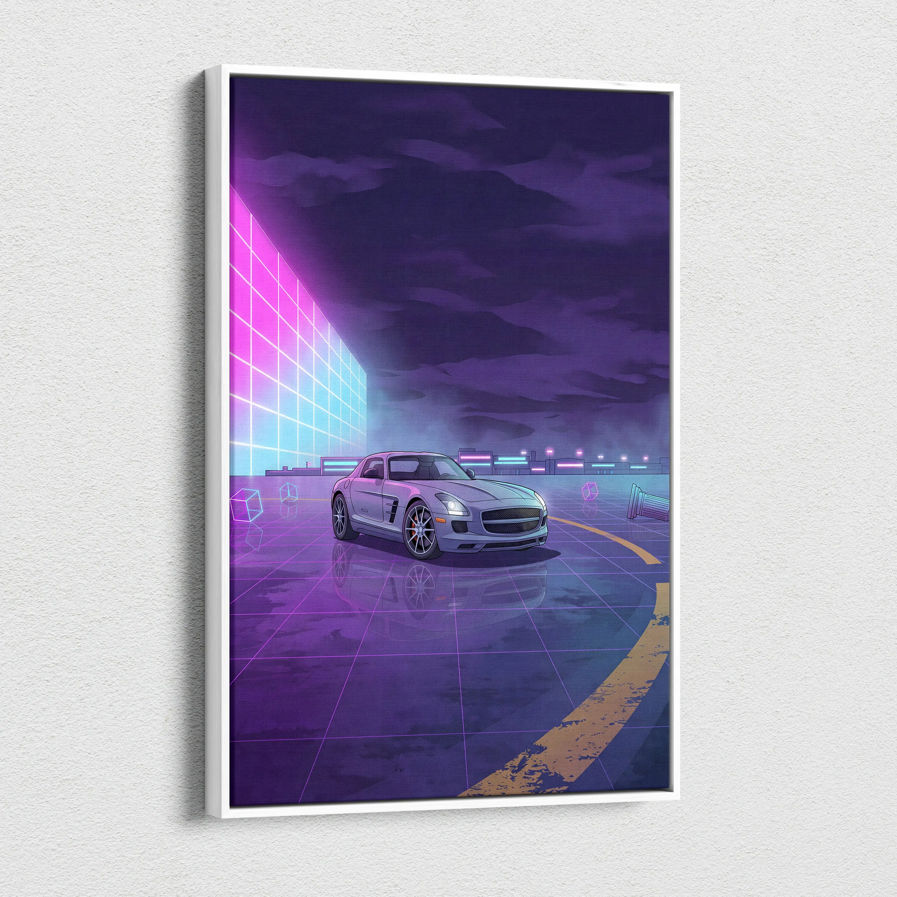 Mercedes SLS AMG Inspired Silver Purple Canvas Wall Art, Neon Vaporwave Supercar Artwork for Modern Garage Decor