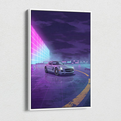 Mercedes SLS AMG Inspired Silver Purple Canvas Wall Art, Neon Vaporwave Supercar Artwork for Modern Garage Decor