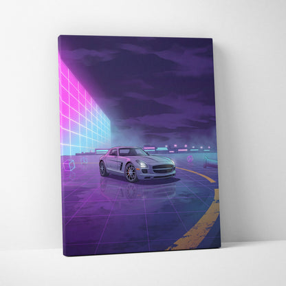 Mercedes SLS AMG Inspired Silver Purple Canvas Wall Art, Neon Vaporwave Supercar Artwork for Modern Garage Decor