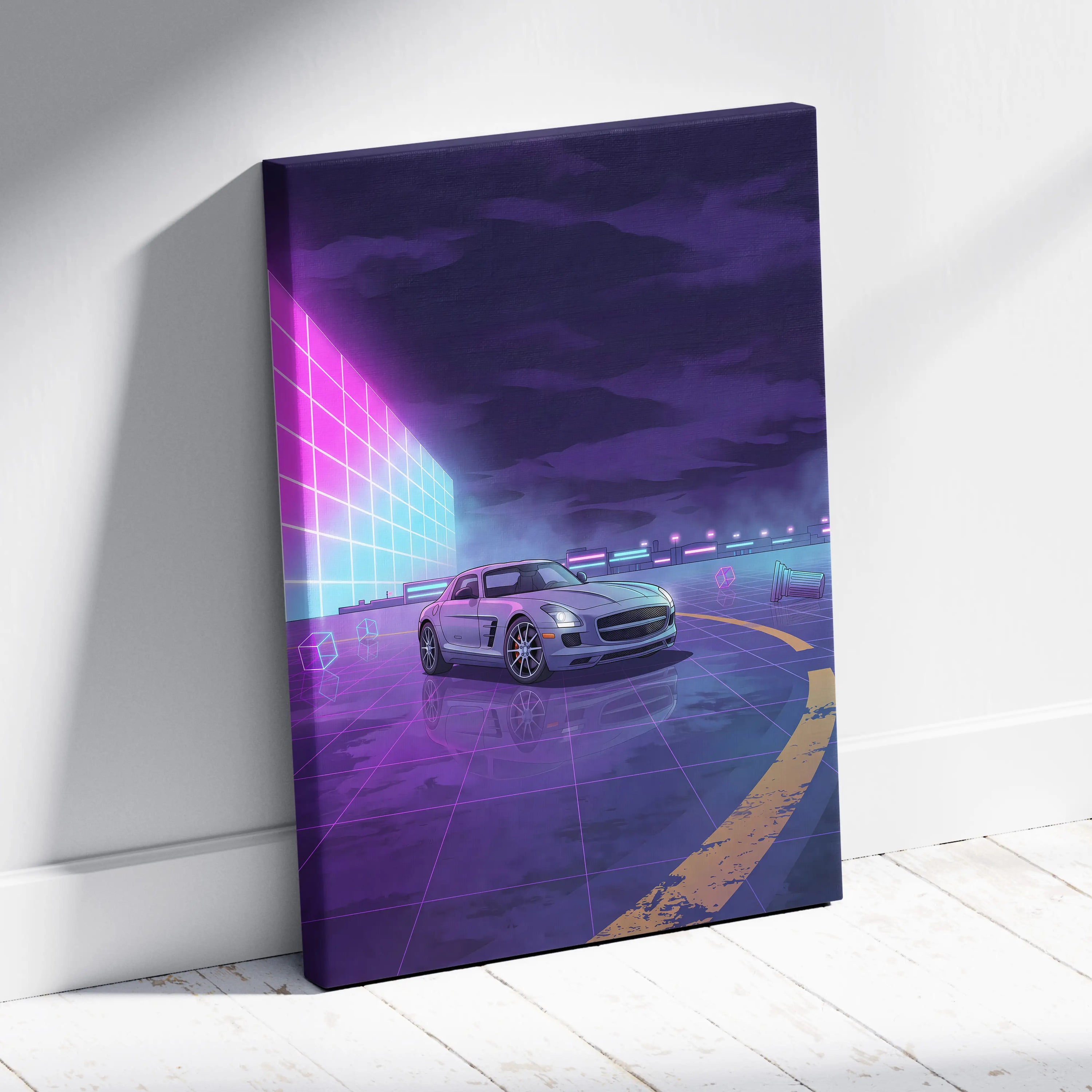 Mercedes SLS AMG Inspired Silver Purple Canvas Wall Art, Neon Vaporwave Supercar Artwork for Modern Garage Decor