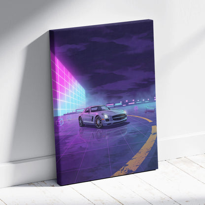 Mercedes SLS AMG Inspired Silver Purple Canvas Wall Art, Neon Vaporwave Supercar Artwork for Modern Garage Decor