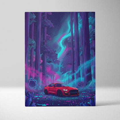 Ford Mustang Shelby GT500 Inspired Red Teal Canvas Wall Art Vaporwave Muscle Car Artwork Neon Forest Garage Decor Futuristic Night Print