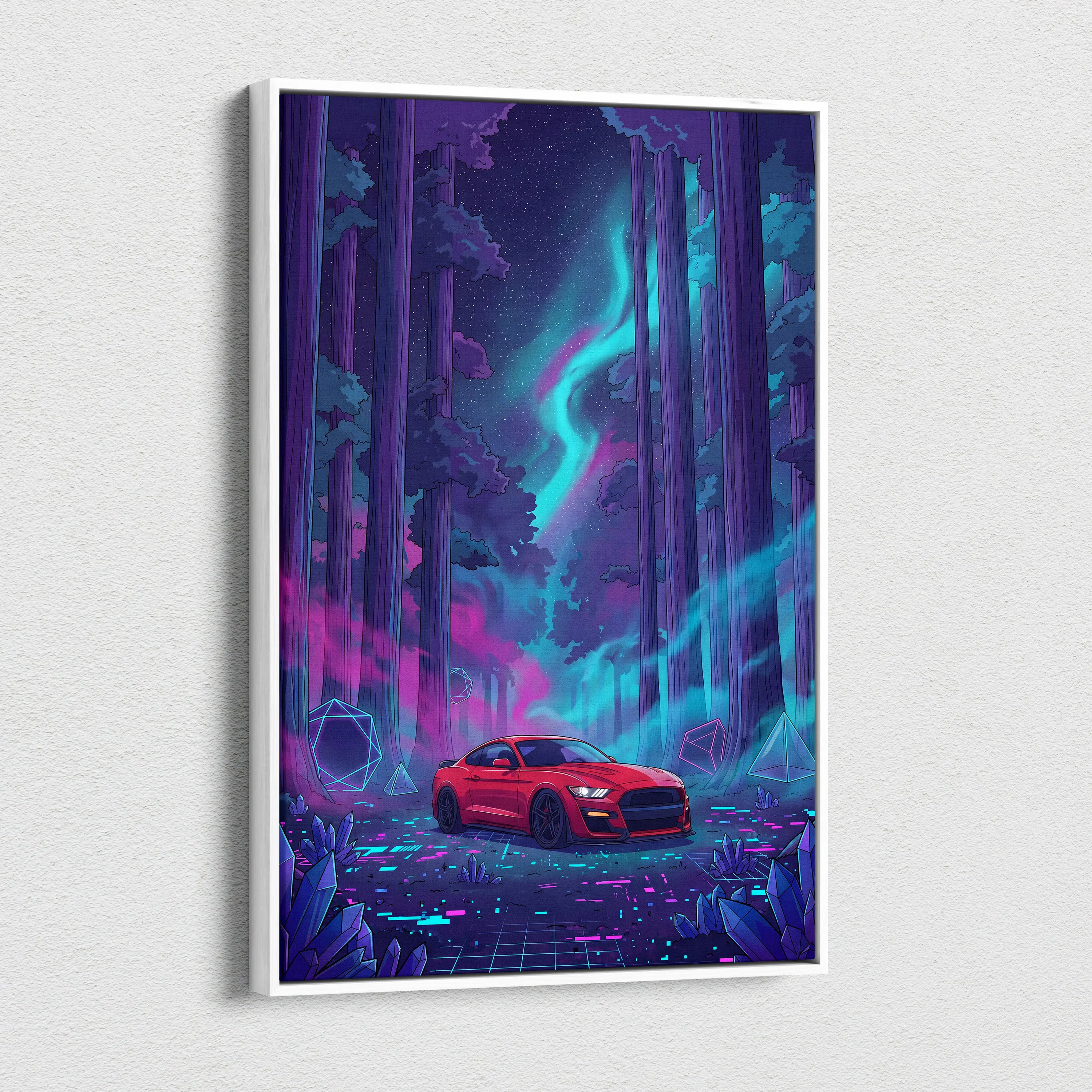 Ford Mustang Shelby GT500 Inspired Red Teal Canvas Wall Art Vaporwave Muscle Car Artwork Neon Forest Garage Decor Futuristic Night Print