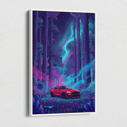 Ford Mustang Shelby GT500 Inspired Red Teal Canvas Wall Art Vaporwave Muscle Car Artwork Neon Forest Garage Decor Futuristic Night Print
