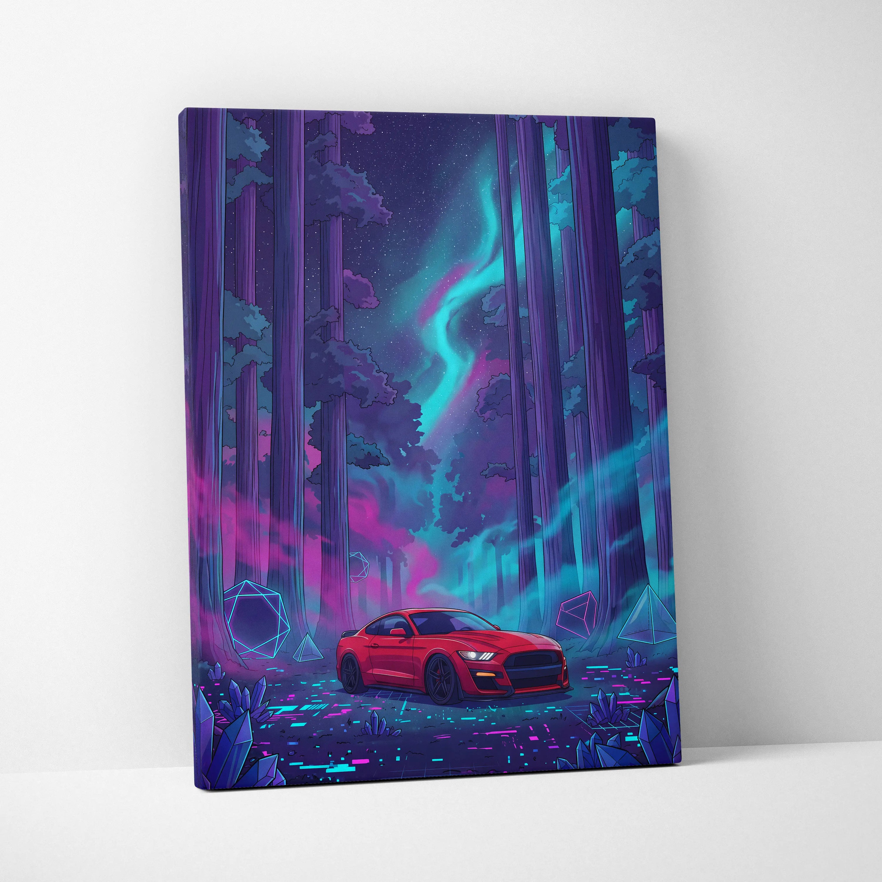 Ford Mustang Shelby GT500 Inspired Red Teal Canvas Wall Art Vaporwave Muscle Car Artwork Neon Forest Garage Decor Futuristic Night Print