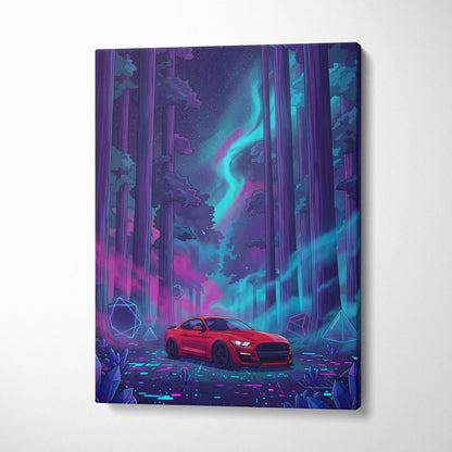 Ford Mustang Shelby GT500 Inspired Red Teal Canvas Wall Art Vaporwave Muscle Car Artwork Neon Forest Garage Decor Futuristic Night Print