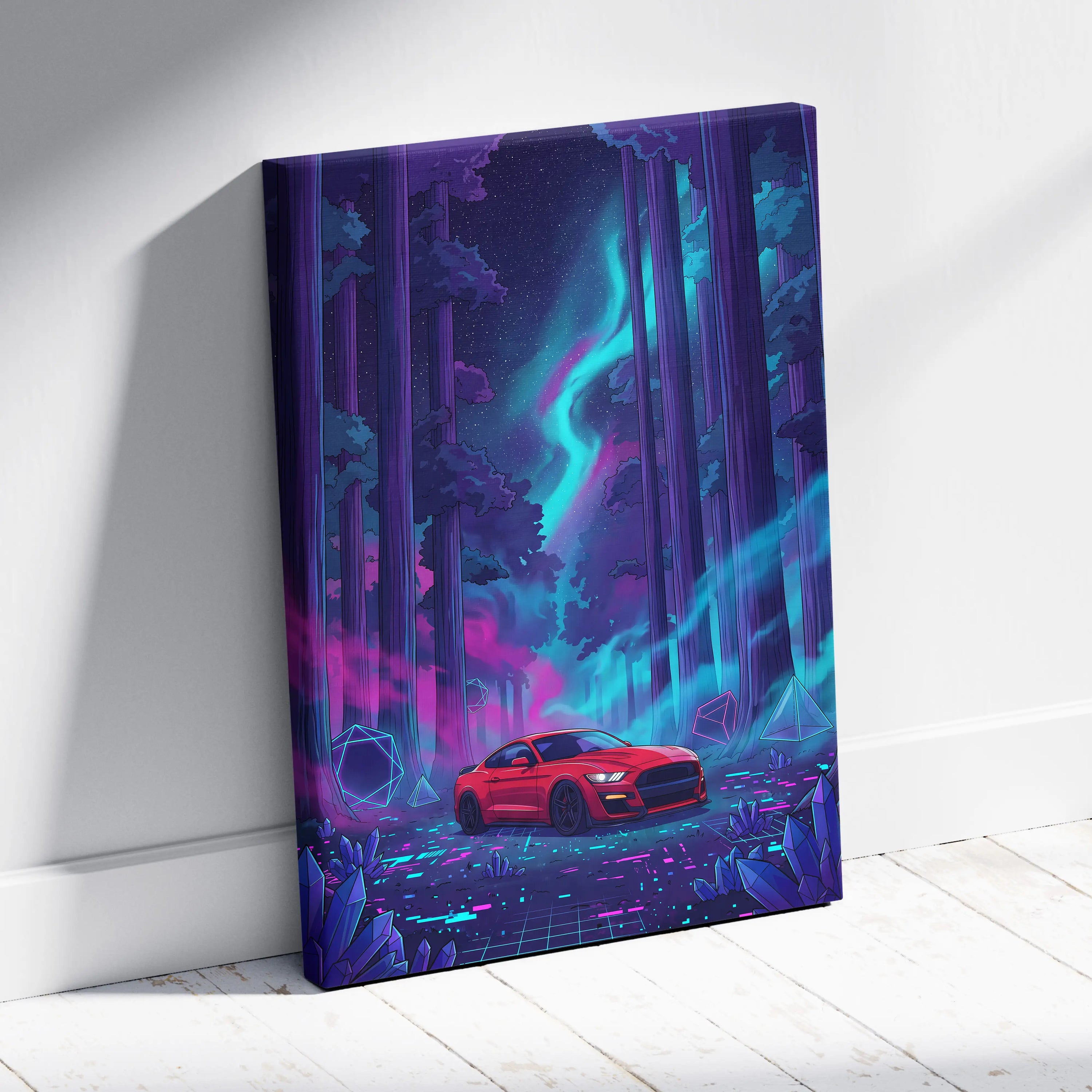 Ford Mustang Shelby GT500 Inspired Red Teal Canvas Wall Art Vaporwave Muscle Car Artwork Neon Forest Garage Decor Futuristic Night Print
