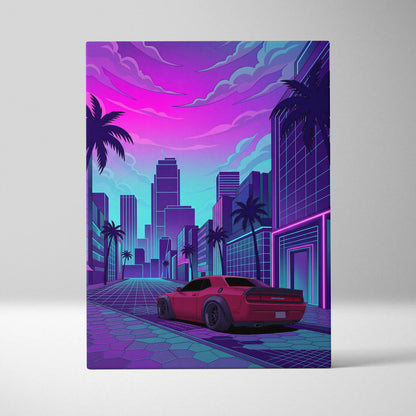 Dodge Challenger Inspired Red Purple Canvas Wall Art Vaporwave Muscle Car Artwork Neon City Garage Decor Retro Futuristic Palm Street Print