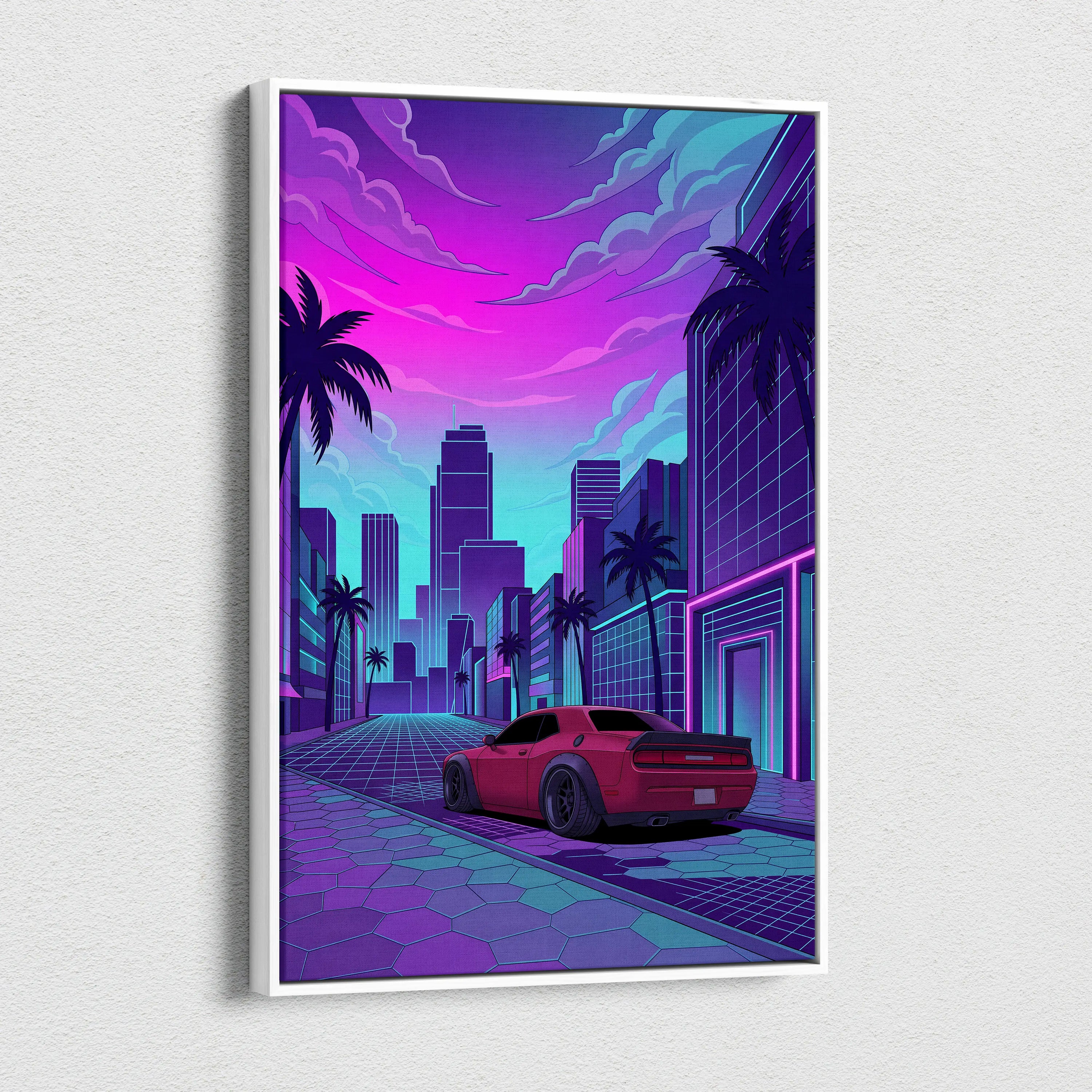 Dodge Challenger Inspired Red Purple Canvas Wall Art Vaporwave Muscle Car Artwork Neon City Garage Decor Retro Futuristic Palm Street Print