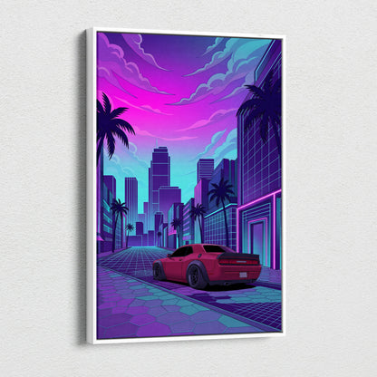 Dodge Challenger Inspired Red Purple Canvas Wall Art Vaporwave Muscle Car Artwork Neon City Garage Decor Retro Futuristic Palm Street Print