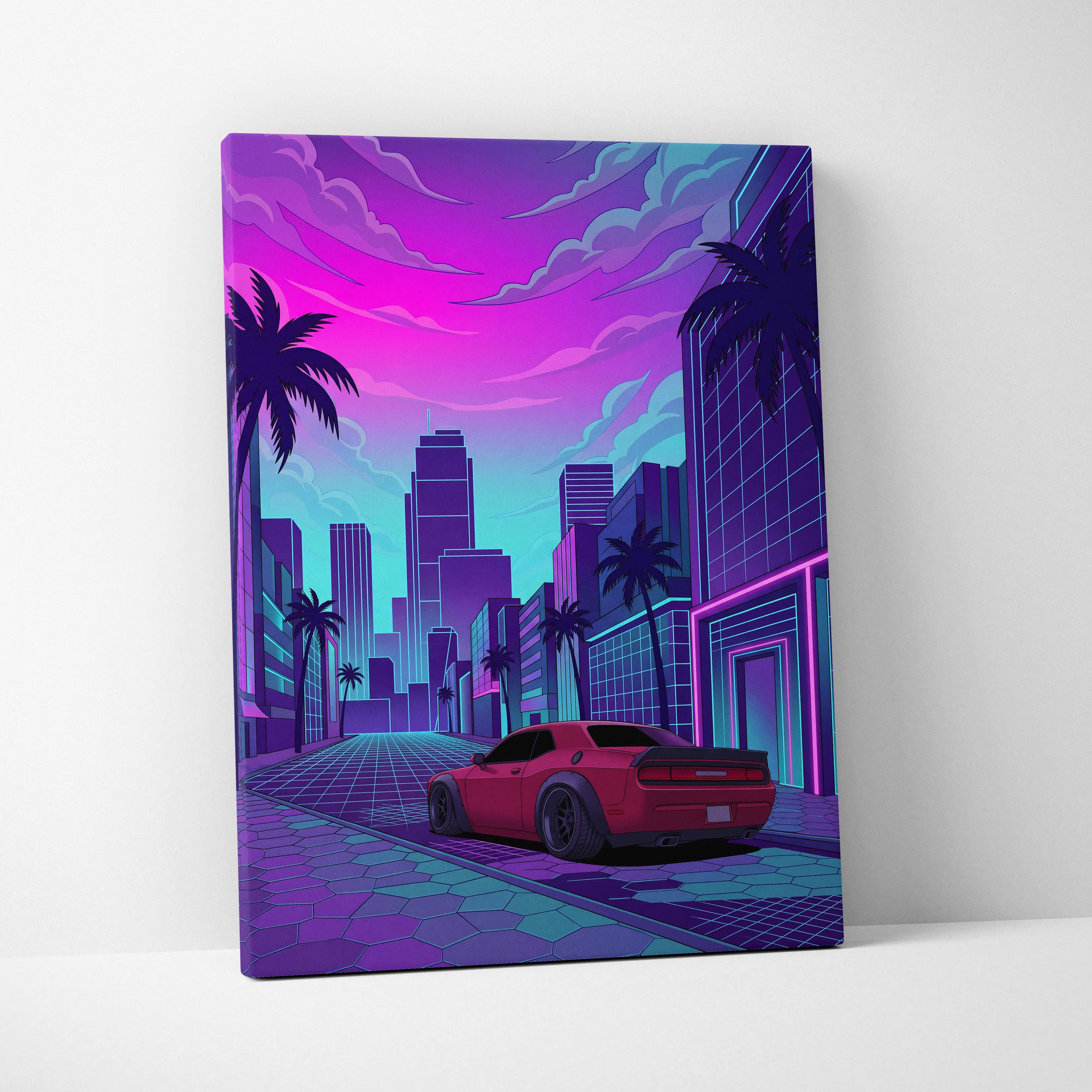 Dodge Challenger Inspired Red Purple Canvas Wall Art Vaporwave Muscle Car Artwork Neon City Garage Decor Retro Futuristic Palm Street Print