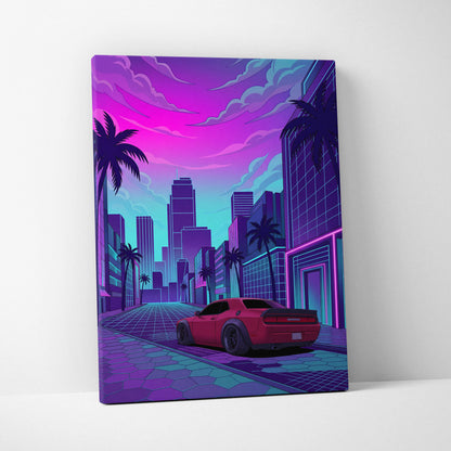 Dodge Challenger Inspired Red Purple Canvas Wall Art Vaporwave Muscle Car Artwork Neon City Garage Decor Retro Futuristic Palm Street Print
