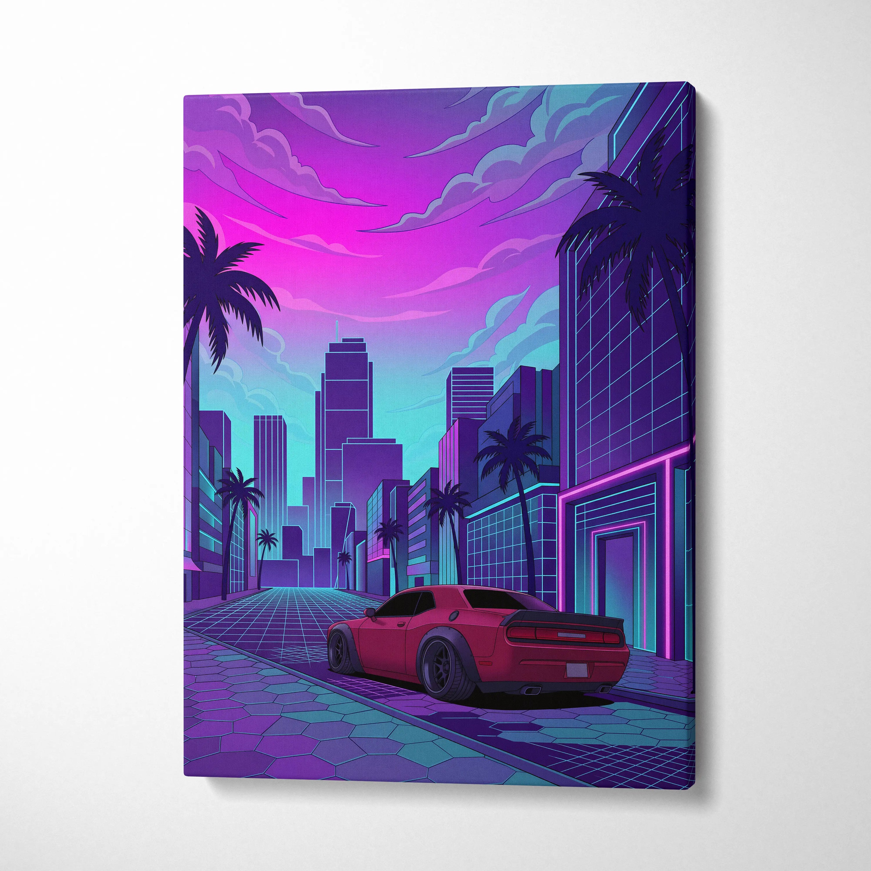 Dodge Challenger Inspired Red Purple Canvas Wall Art Vaporwave Muscle Car Artwork Neon City Garage Decor Retro Futuristic Palm Street Print