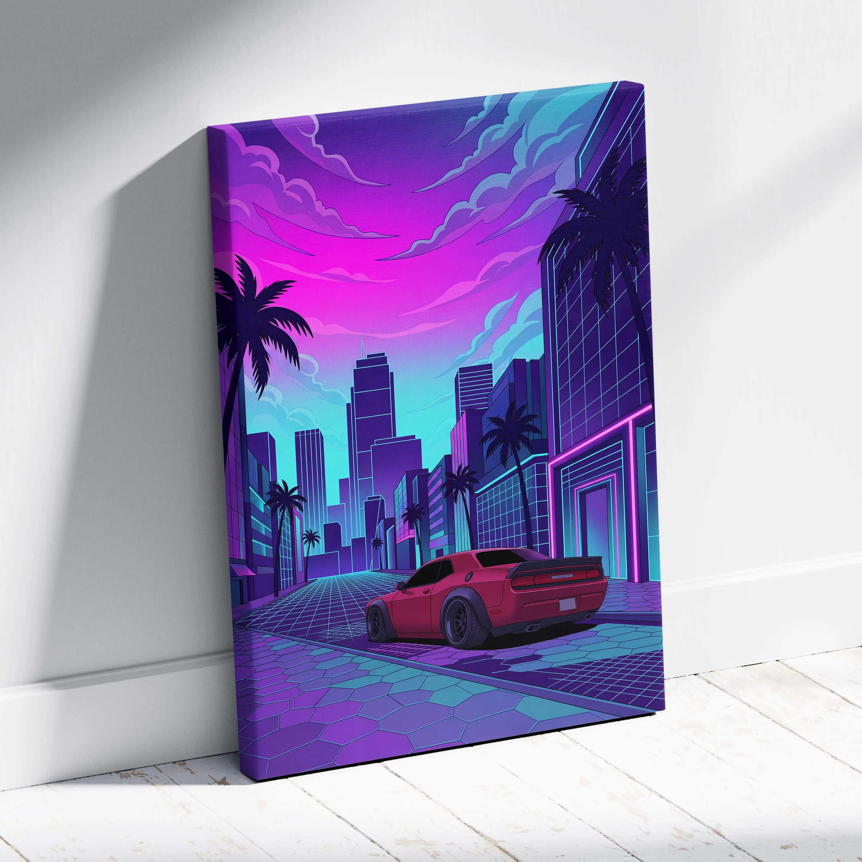 Dodge Challenger Inspired Red Purple Canvas Wall Art Vaporwave Muscle Car Artwork Neon City Garage Decor Retro Futuristic Palm Street Print