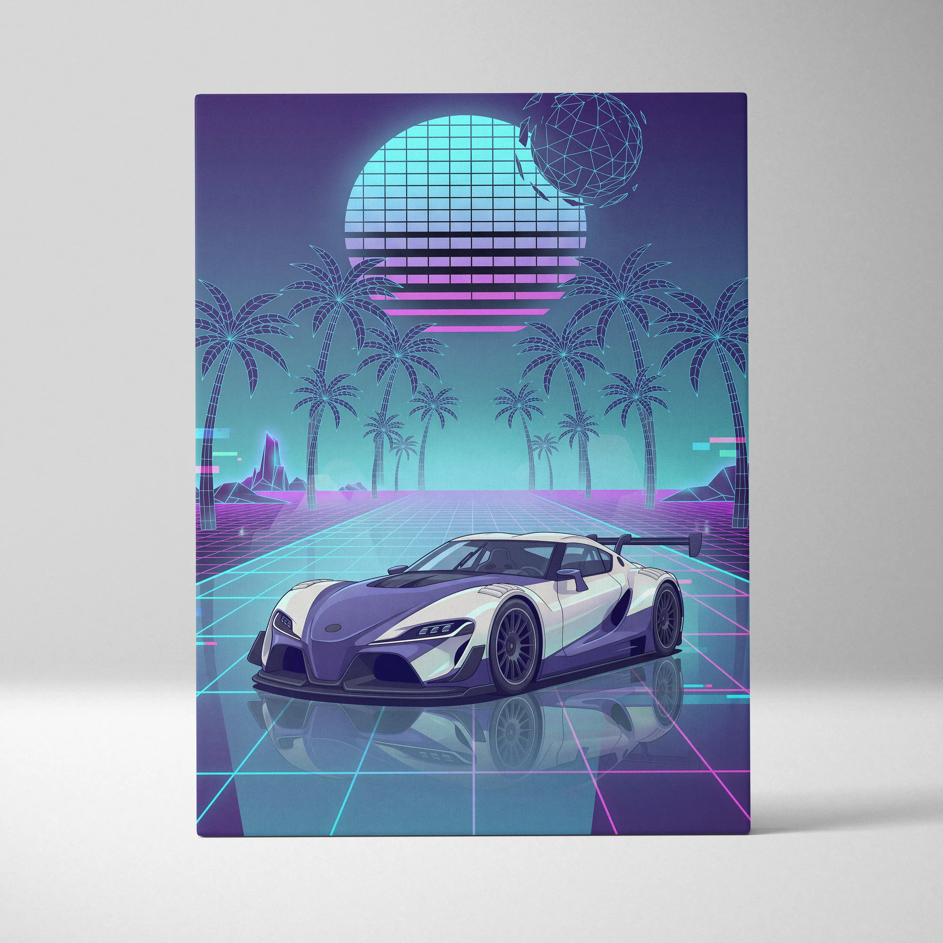 Toyota GR Supra Inspired White Teal Canvas Wall Art Vaporwave Sports Car Artwork Neon Palm Garage Decor Retro Futuristic JDM Print