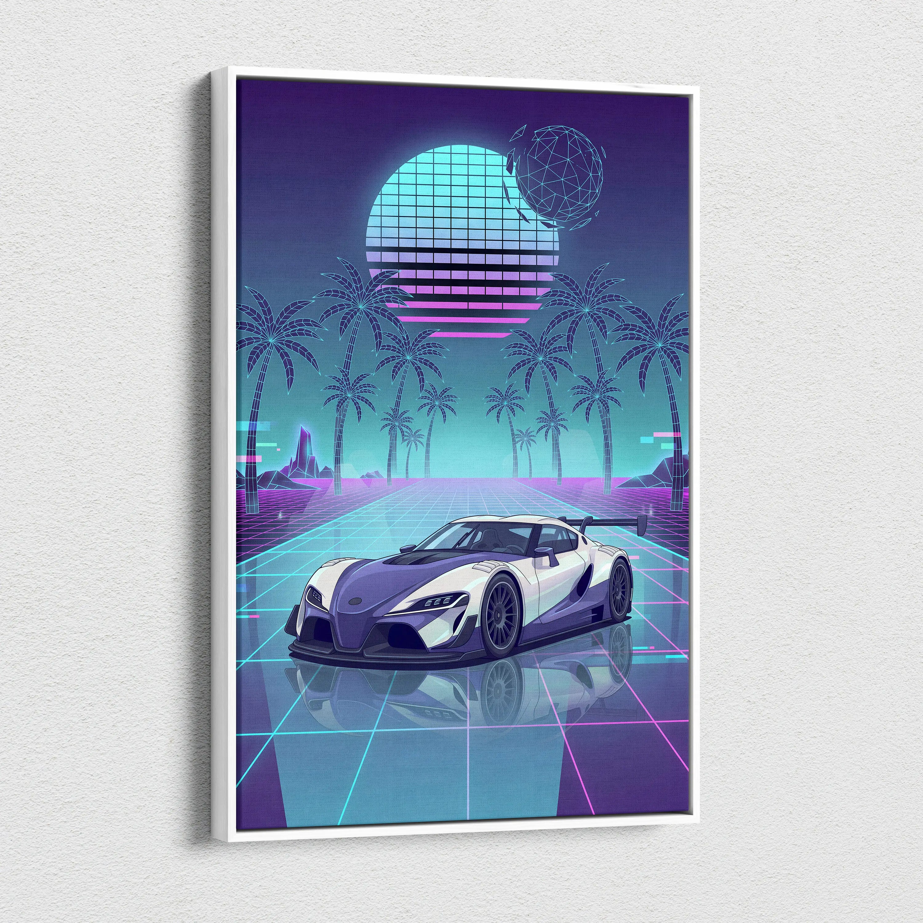 Toyota GR Supra Inspired White Teal Canvas Wall Art Vaporwave Sports Car Artwork Neon Palm Garage Decor Retro Futuristic JDM Print
