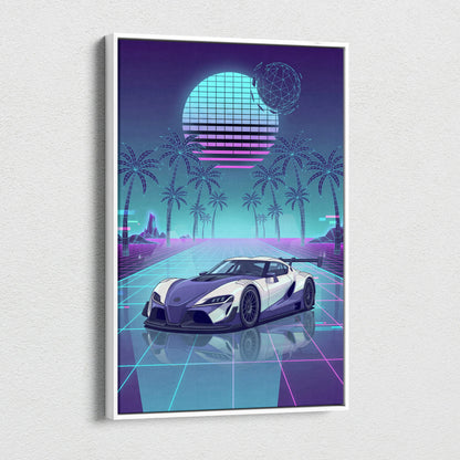 Toyota GR Supra Inspired White Teal Canvas Wall Art Vaporwave Sports Car Artwork Neon Palm Garage Decor Retro Futuristic JDM Print