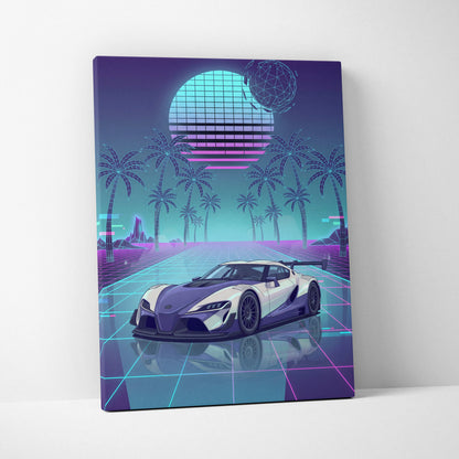 Toyota GR Supra Inspired White Teal Canvas Wall Art Vaporwave Sports Car Artwork Neon Palm Garage Decor Retro Futuristic JDM Print